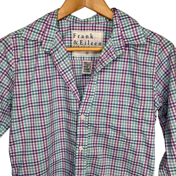 Frank & Eileen Barry Purple Blue Check Plaid Button Down Shirt XS USA Made - Picture 6 of 6